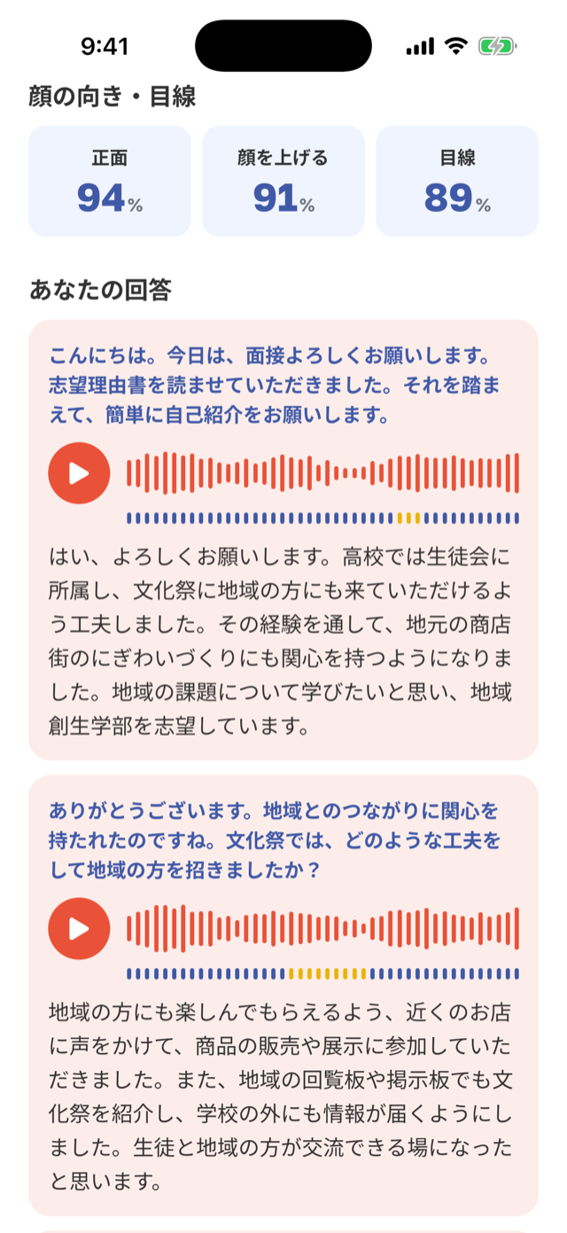 講評の画面。顔の向き・目線の割合と、問ごとの帯